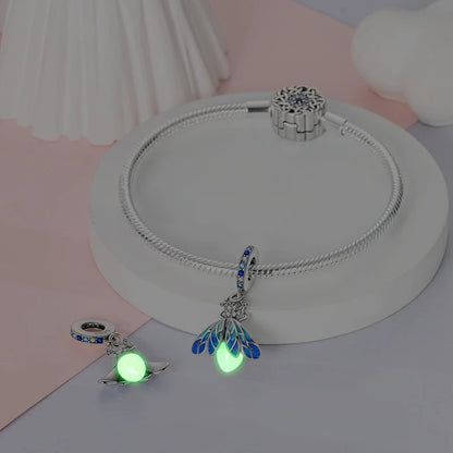 100% 925 Sterling Silver Creative Blue Luminous Firefly Charms Pendants Fit Qikaola 925 Original Bracelets DIY Birthday Jewelry