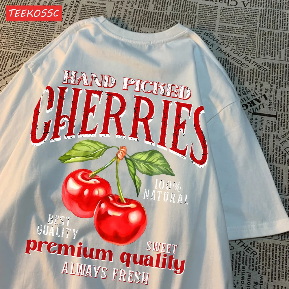 Camiseta Oversize Mujer Verano | Algodón Estampado Limones y Cerezas Casual