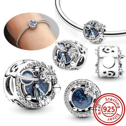 Charm Espacio y Galaxia en Plata 925 – Abalorios Astronauta, Planeta y Estrellas para Pulsera Original Mujer