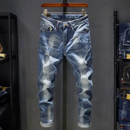 Jeans Hombre High Street | Pantalón Slim Fit Ripped Recto Elástico Streetwear Todo el Año 2025