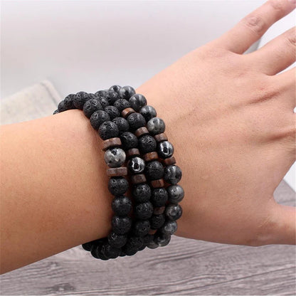 Pulsera de Piedra Volcánica y Madera – Estilo Tibetano con Cuentas, Unisex, Joyería de Energía y Equilibrio