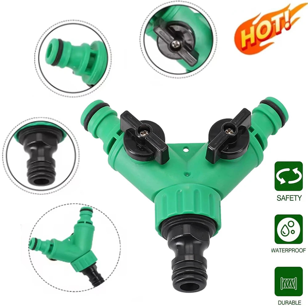 Conector de Manguera en Y con Válvula | Adaptador 2 Vías de Jardín para Grifo y Riego