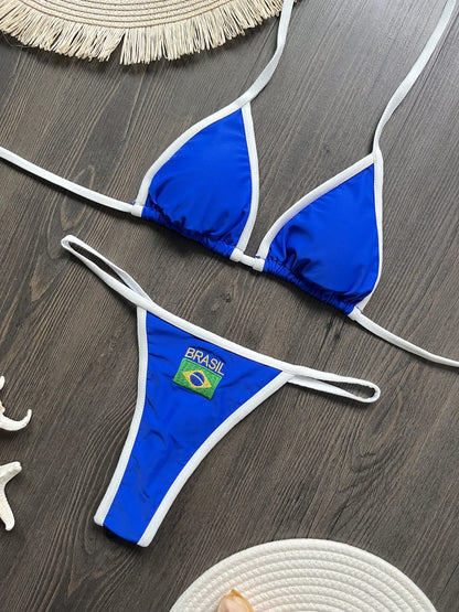 RUOTONGSEPT Bikini Mujer | Bordado Bandera Brasil Split Contraste Sexy