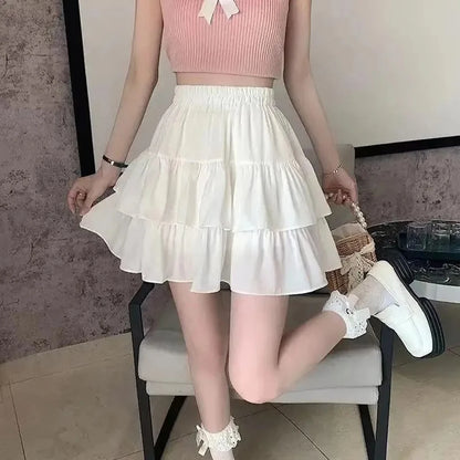Falda Plisada Mujer Blanca | A-line Preppy Sweet con Volantes y Cintura Elástica Verano