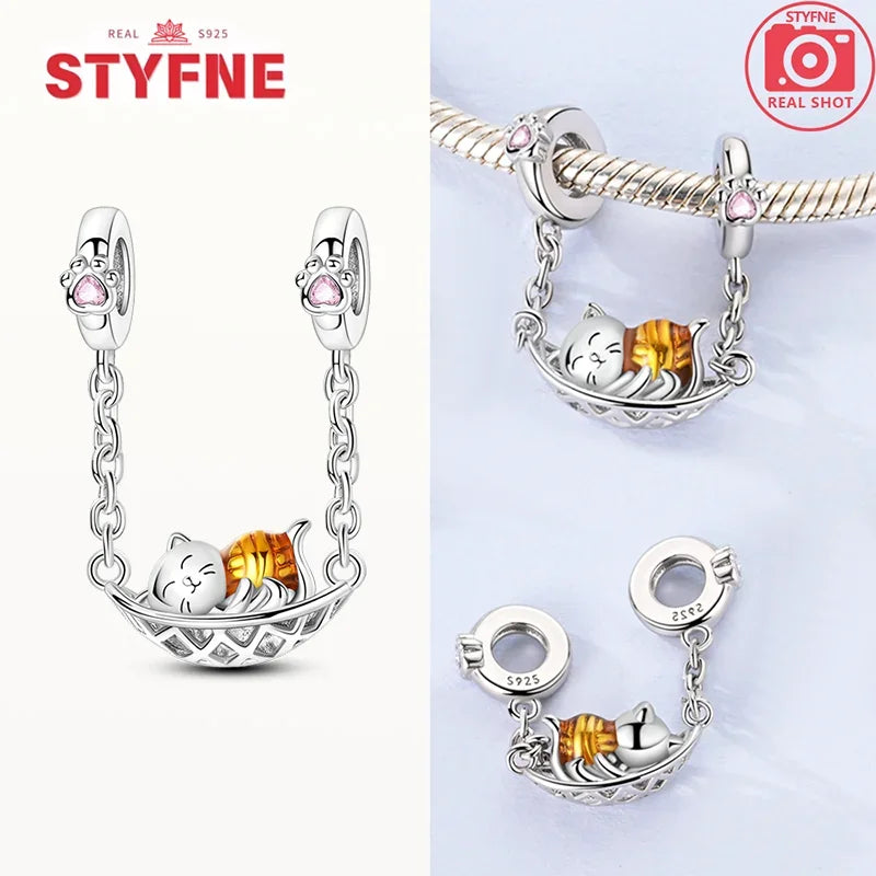 Charm Gato con Corazón de Plata 925 | Cadena de Seguridad para Pulseras Pandora Mujer
