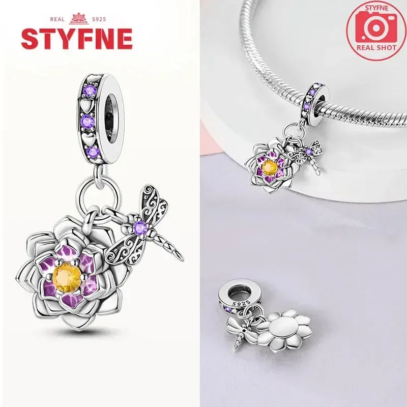 Charm Plata S925 Mariposa Libélula Flores con Gemas | Compatible Pulsera Pandora