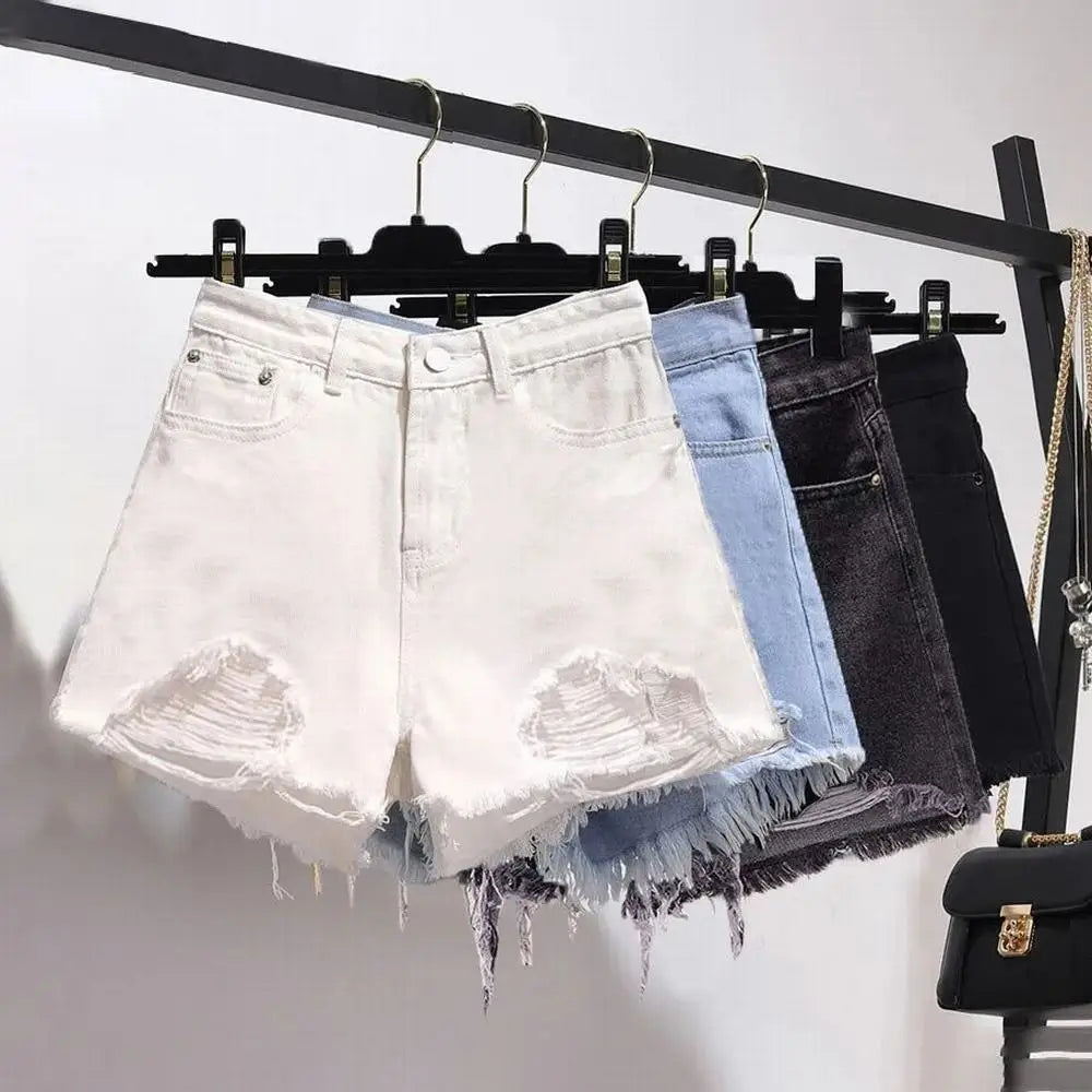 Shorts Vaqueros Mujer Blancos | Denim Cintura Alta Casual Y2K con Flecos y Roturas