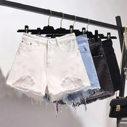Shorts Vaqueros Mujer Blancos | Denim Cintura Alta Casual Y2K con Flecos y Roturas