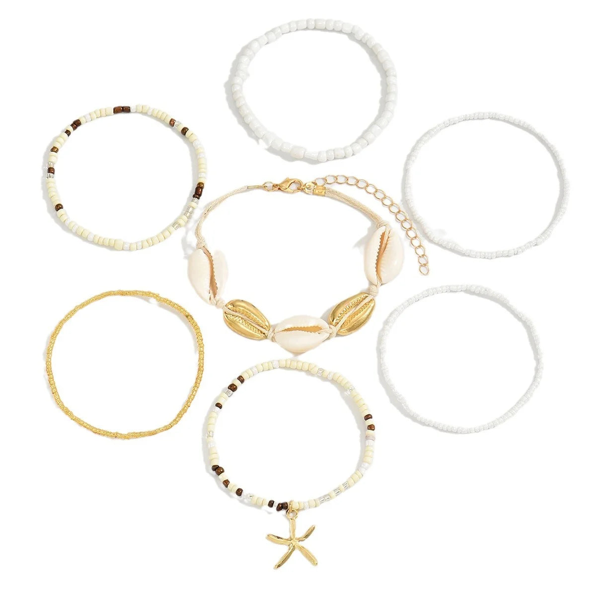 7pcs/set Bohemian Holiday Wind Shell Beaded Woven Bracelet Starfish Rice Beads Women's Bracelet Set Beach Party Seaside Holiday