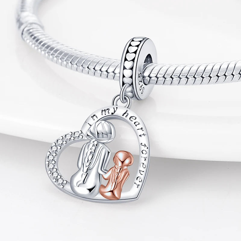 Charm Corazón Mamá e Hija en Plata 925 – Colgante Clásico para Pulseras Tipo Pandora, Regalo Día de la Madre