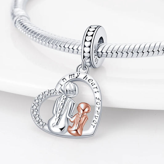 Charm Corazón Mamá e Hija en Plata 925 – Colgante Clásico para Pulseras Tipo Pandora, Regalo Día de la Madre