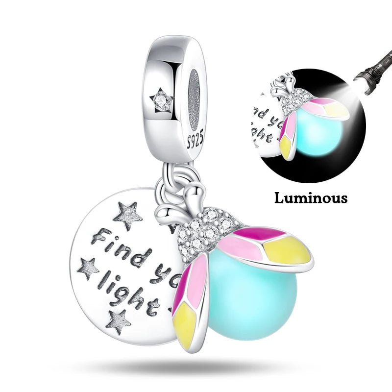 100% 925 Sterling Silver Creative Blue Luminous Firefly Charms Pendants Fit Qikaola 925 Original Bracelets DIY Birthday Jewelry