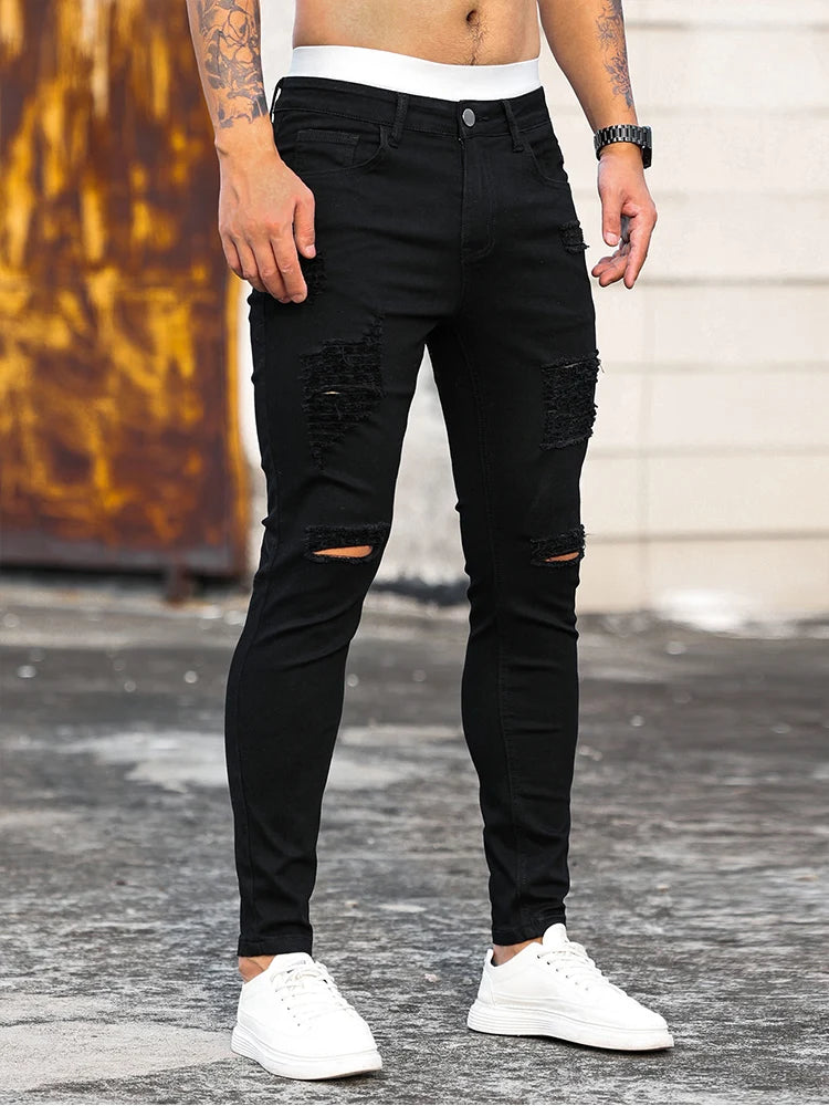 Jeans Negros Ajustados Hombre | Pantalón Skinny Ripped Stretch Moda Streetwear Club 2025