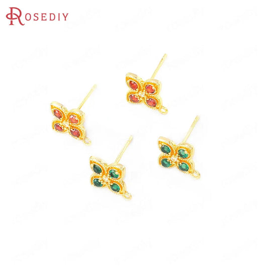 4PCS Aretes Flor Color Oro con Zirconia | Accesorios DIY Bisutería