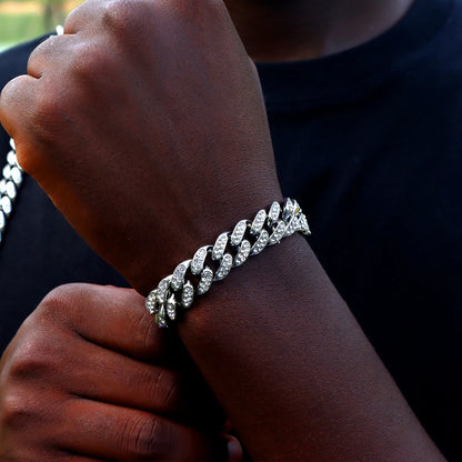 Pulsera Cuban Chain Iced Prong 14mm – Rhinestones Brillantes para Hombre y Mujer