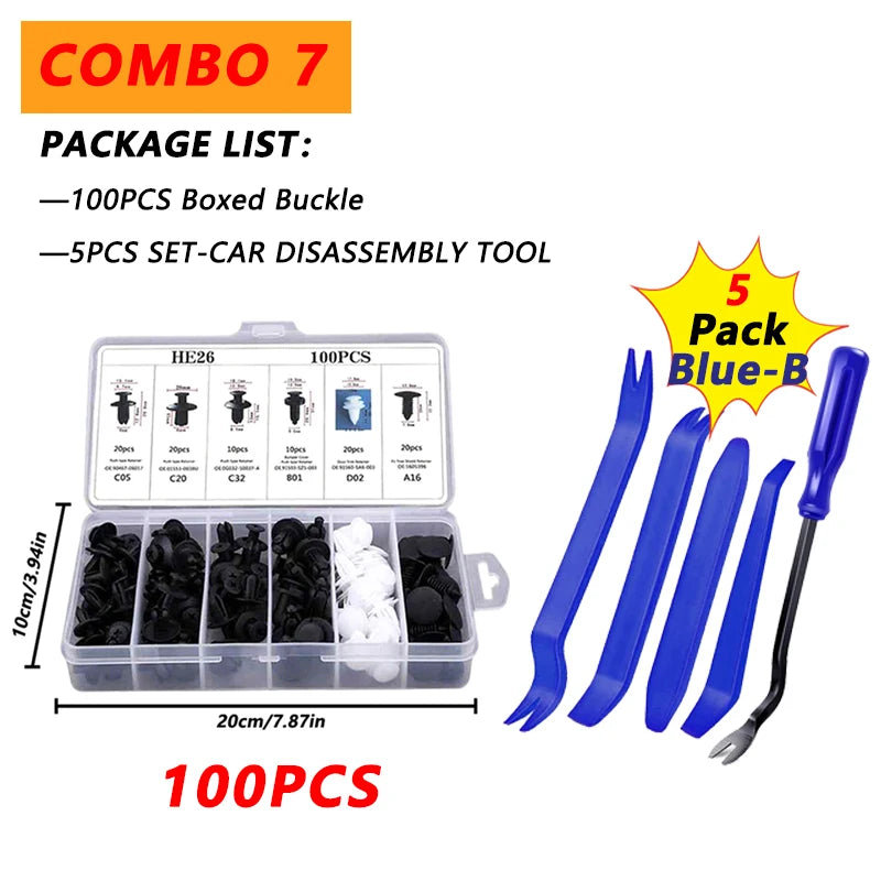 Kit 100 Clips Sujetadores Plásticos para Carro | Remaches Universales Puerta, Parachoques, Guardabarros + Herramienta