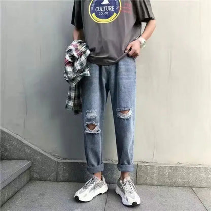 Jeans Oversize Hombre Cropped Verano | Vaqueros Rotos Tallas Grandes Moda Coreana