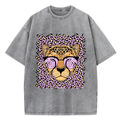 Camiseta Oversize Mujer Vintage | Algodón Lavado Ácido Estampado Leopardo Caricaturas