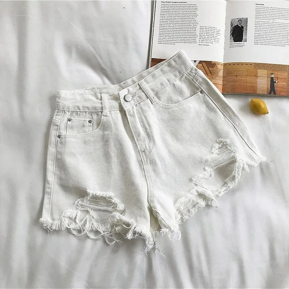 Shorts Vaqueros Mujer Cintura Alta | Denim Azul Coreano con Flecos y Detalles Y2K