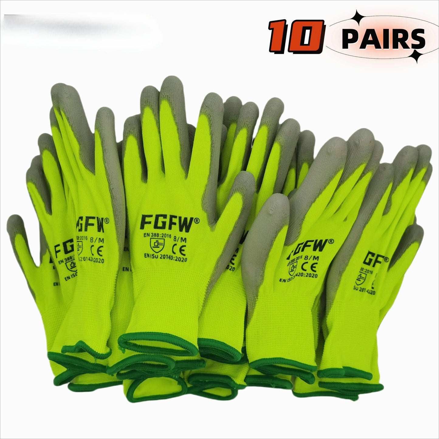 10 Pares Guantes de Trabajo PU 🧤 Antideslizantes, Resistentes y Ligeros – Guantes de Seguridad Certificados EN 388/ISO20471 (Tallas S/M/L/XL)