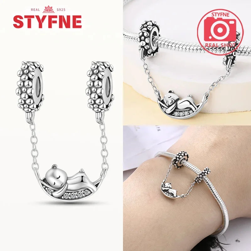 Charm Gato con Corazón de Plata 925 | Cadena de Seguridad para Pulseras Pandora Mujer