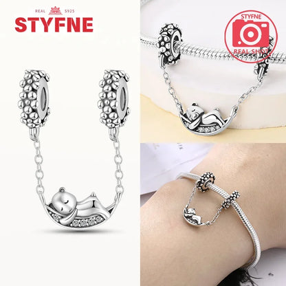 Charm Gato con Corazón de Plata 925 | Cadena de Seguridad para Pulseras Pandora Mujer