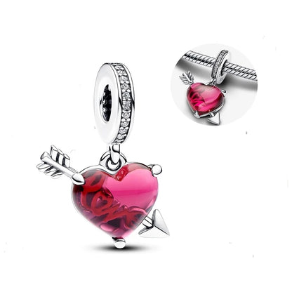 New in 925 Sterling Silver Red Color Series Heart-Shaped  Charm Beaded Fit Original 3mm Woman Bracelet Lucky DIY Jewelry Gifts