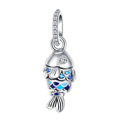 Charm pez azul de plata 925 con circonita – Colgante animal para pulsera tipo Pandora, joyería DIY para mujer