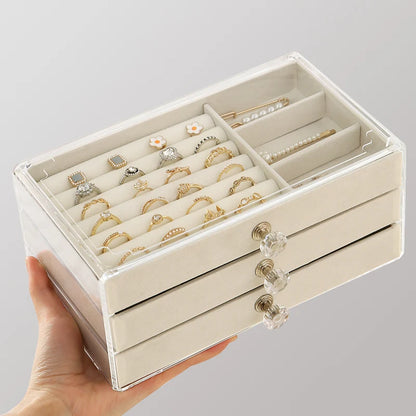 Joyero de Terciopelo y Acrílico con 3 Cajones Apilables | Organizador de Joyería para Collares, Pulseras y Aretes