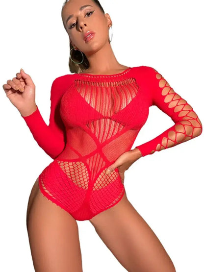 Catsuit Rojo Mujer 2025 | Body Sexy de Malla Transparente y Espalda Descubierta