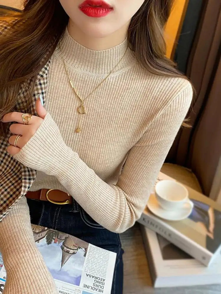 Suéter Cuello Alto Mujer Invierno Otoño | Suéter Básico Tejido Coreano Casual Ajustado