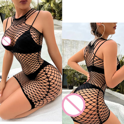 Vestido Mini Mujer 2025 | Lencería Sexy de Malla Transparente y Hollow Out