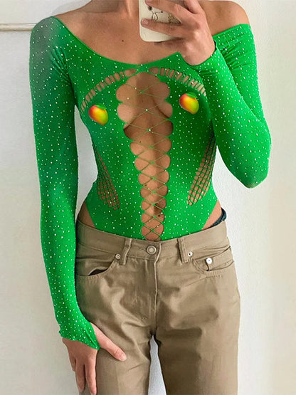 Body Mujer 2025 | Lencería Sexy de Malla Brillante con Rhinestones y Manga Larga