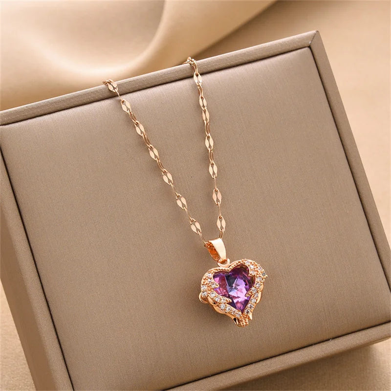 Collar Corazón Oceánico con Cristales de Colores | Joyería de Acero Inoxidable 316L para Mujer | Collar Elegante de Boda o Fiesta
