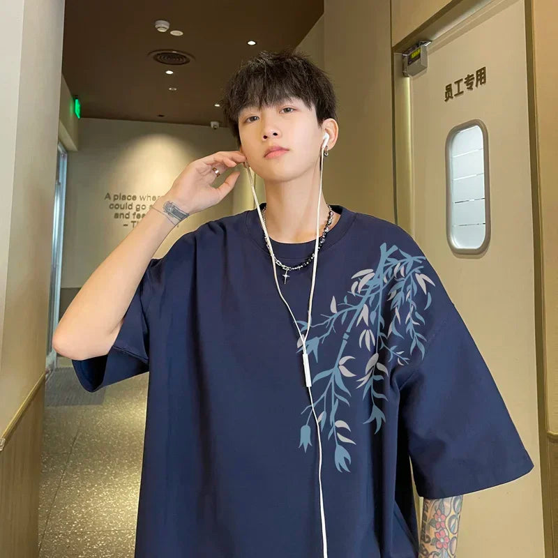 Camiseta Oversize de Algodón para Hombre | Estampado Bambú, Casual de Verano hasta 5XL