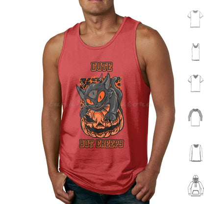 Camiseta Sin Mangas Psycho Cat y Calabaza – Algodón 100% Estilo Oversize Halloween Gótico para Hombre