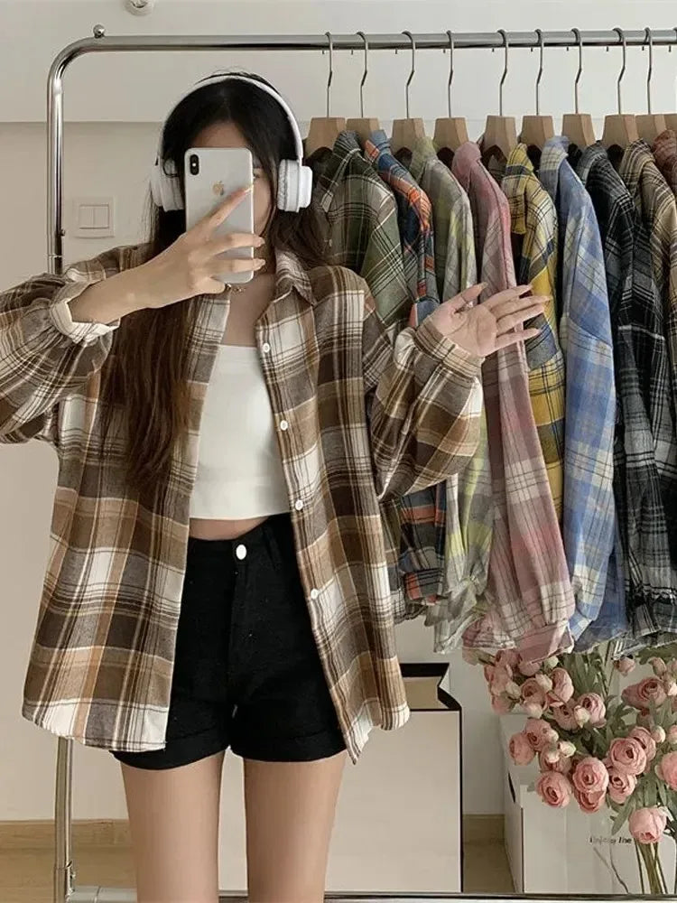 Camisa de Cuadros Mujer | Blusa Vintage Manga Larga Suelta Estilo Preppy Otoño