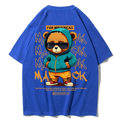 Camiseta de Algodón con Estampado de Oso – T-shirt Redonda Oversize Unisex Suelta, Transpirable y Casual