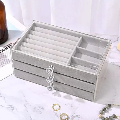 Joyero de Terciopelo y Acrílico con 3 Cajones Apilables | Organizador de Joyería para Collares, Pulseras y Aretes
