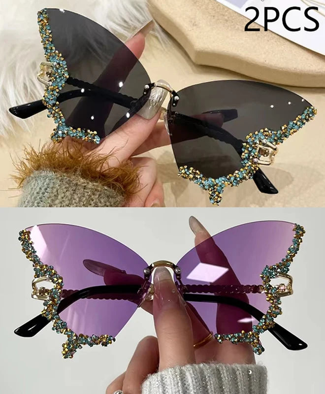 Gafas de Sol Mariposa Diamante Mujer | Vintage Y2K Oversized Rimless Eyewear de Lujo