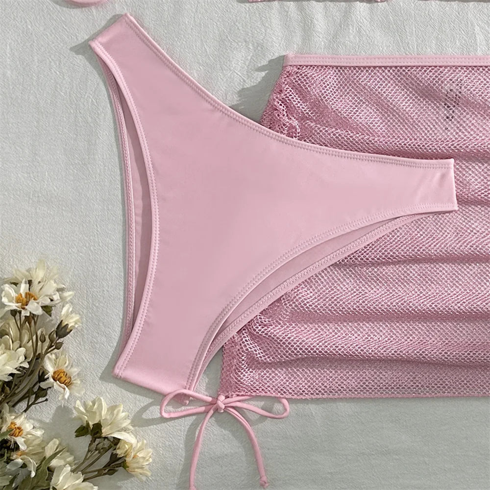 Sexy Pink Bikini Extrem String Backless Swimwear Mesh Skirt Women Push Up Swimsuit Black Y2K Thong Bikinis Beach Vacation Outfit