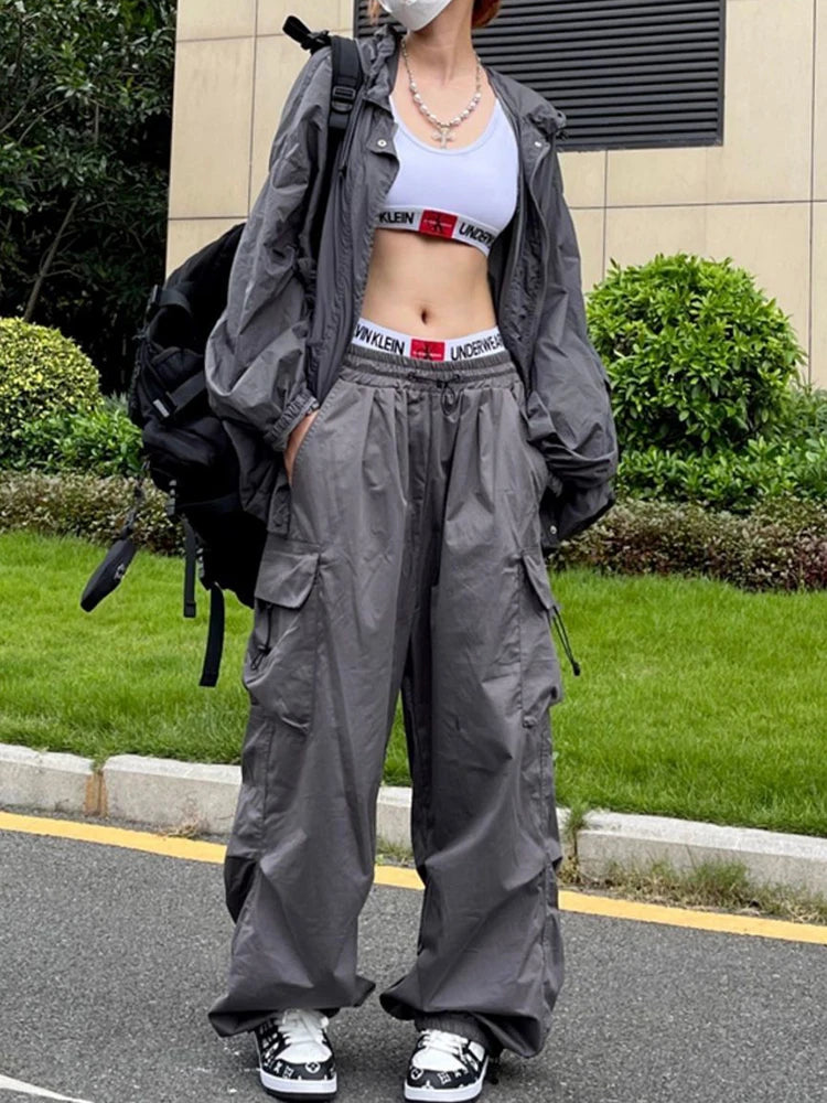 Pantalón Parachute Negro Mujer Y2K | Cargo Oversize Bolsillos Streetwear Harajuku