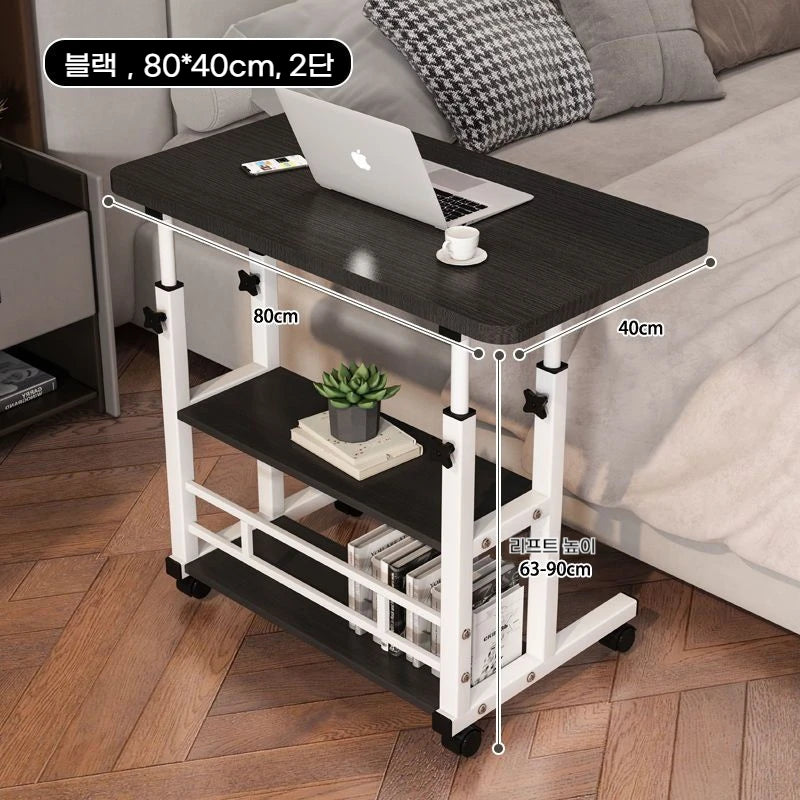 Mesa Auxiliar Doble Capa con Ruedas – Escritorio Portátil de Cama con Estante de Almacenamiento para Laptop y Dormitorio