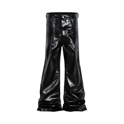 Pantalones Oversize PU Cuero Brillante Unisex | Wide Leg Rectos Acampanados Estilo High Street con Cinturón