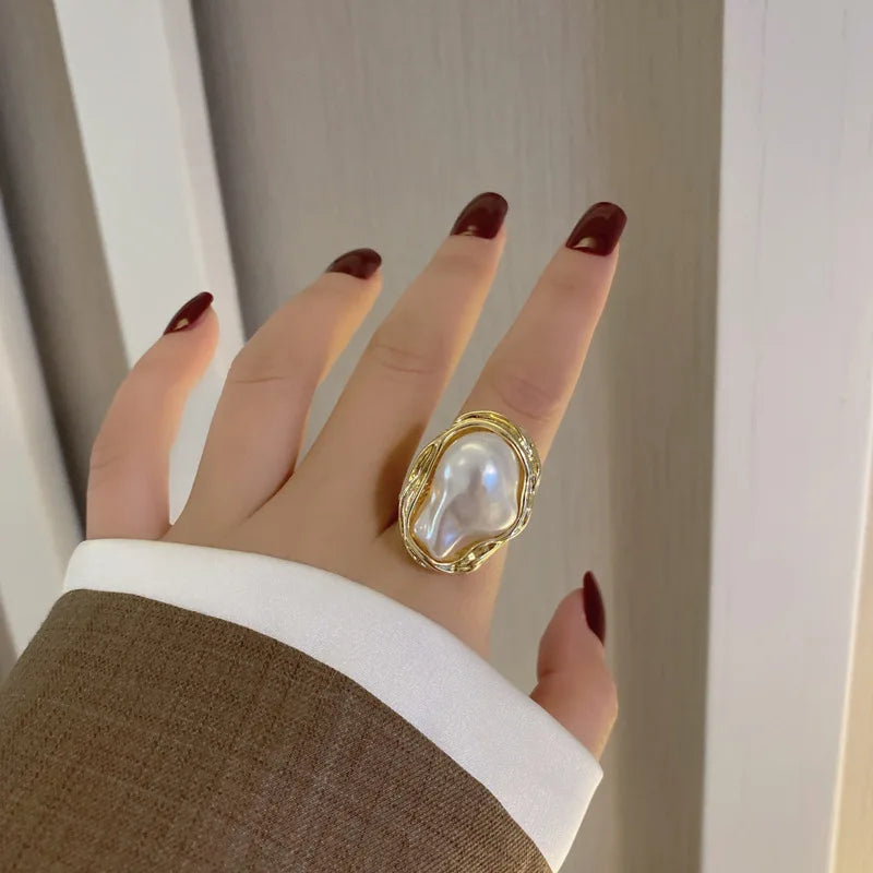 Anillo Estrella de Mar con Perla – Ajustable, Dorado, Joyería de Moda Coreana 2025
