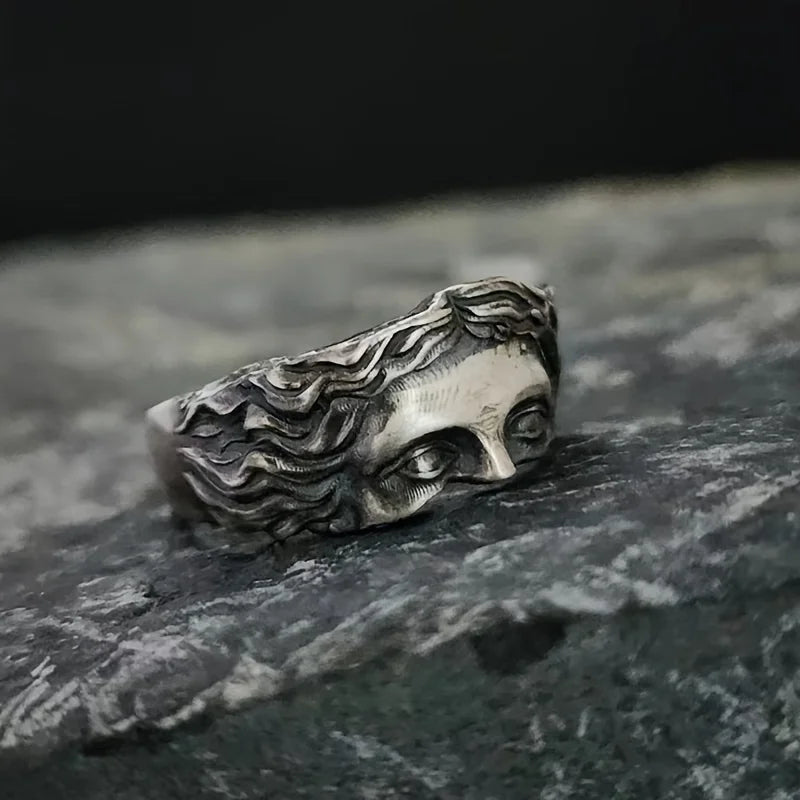 Anillo Retro para Hombre Máscara Venus – Joyería Estilo Thai en Plata Antigua con Relieve Ajustable