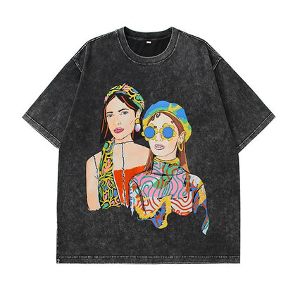 Camiseta Oversize Mujer Algodón Lavado | Estampado Leopardo Moda Y2K Manga Corta