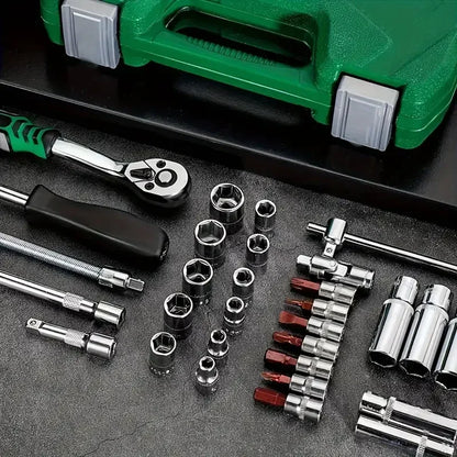 46/53pcs Juego de Dados y Llaves de Trinquete 1/4” – Kit de Herramientas Mecánicas para Reparación de Autos