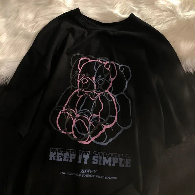 Camiseta Oversize Mujer Harajuku Gótica | Estampado Oso Gráfico Streetwear