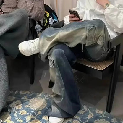 Pantalones Cargo Hombre Multibolsillos | Jeans Oversize Baggy con Cintas Degradadas y Cordón Ajustable Streetwear